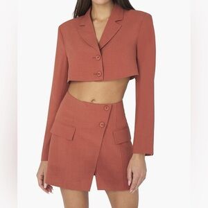 Chic Rust Cropped Blazer and Skirt Set